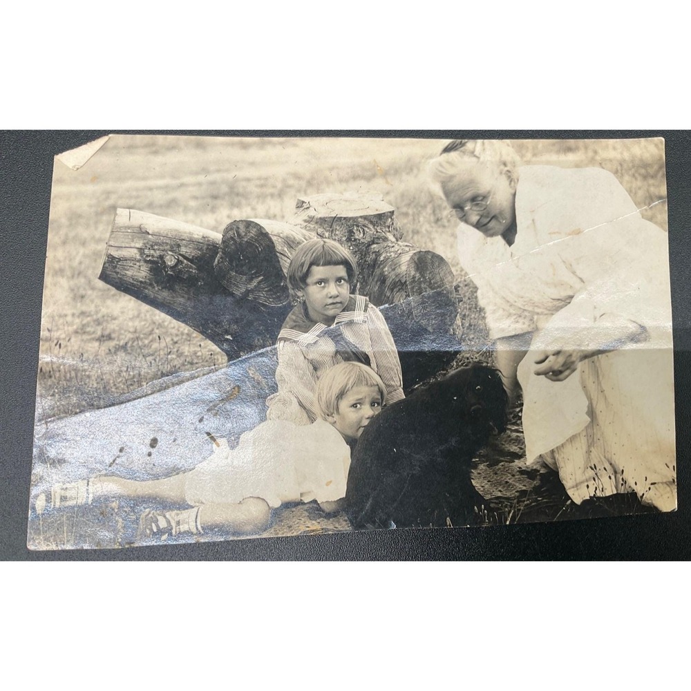 Antique Black White Photo Children Dog Tree Outdoor Snapshot Handwritten Note